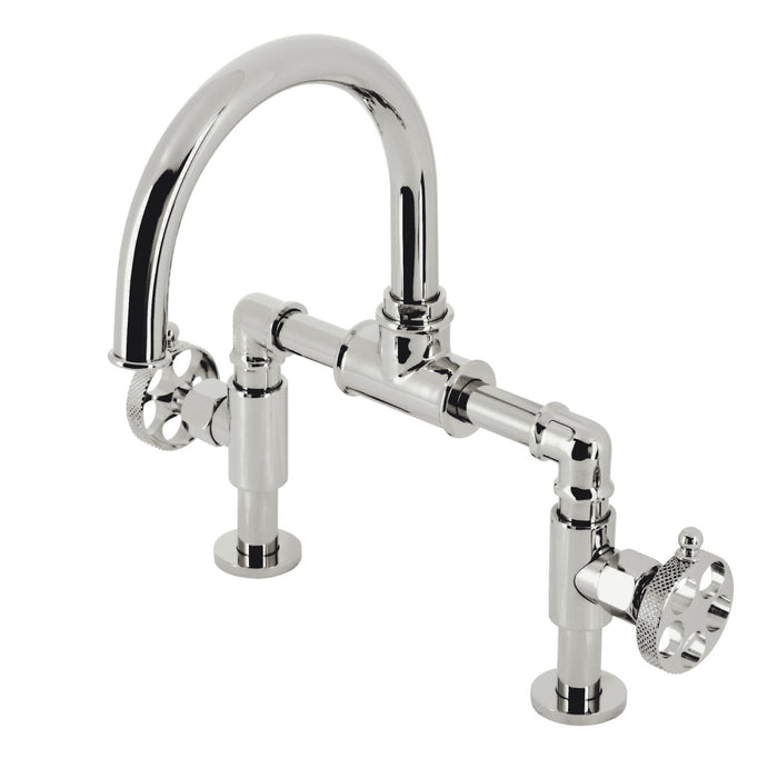 Kingston Sona KS2176RKX - Webb Two-Handle 2-Hole Deck Mount Bridge Bathroom Faucet with Knurled Handle and Push Pop-Up Drain, Polished Nickel