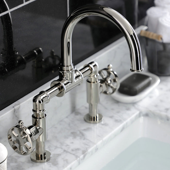 Belknap KS2176RX Two-Handle 2-Hole Deck Mount Bridge Bathroom Faucet with Pop-Up Drain, Polished Nickel