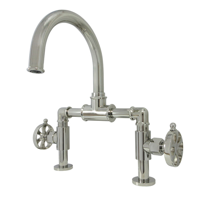 Kingston Sona KS2176RX - Belknap Two-Handle 2-Hole Deck Mount Bridge Bathroom Faucet with Push Pop-Up Drain, Polished Nickel