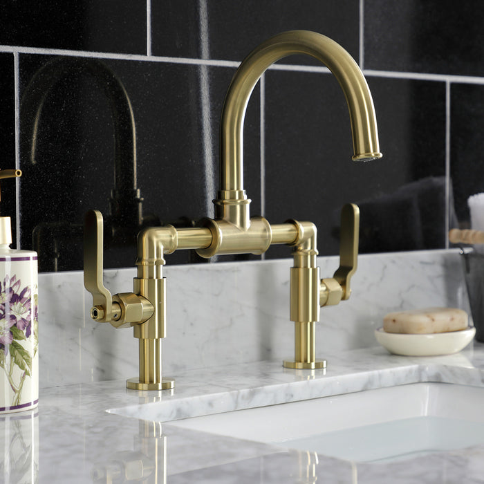Whitaker KS2177KL Two-Handle 2-Hole Deck Mount Bridge Bathroom Faucet with Pop-Up Drain, Brushed Brass