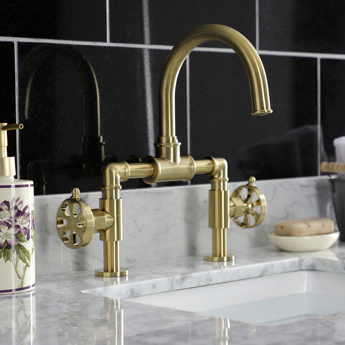 Belknap KS2177RX Two-Handle 2-Hole Deck Mount Bridge Bathroom Faucet with Pop-Up Drain, Brushed Brass