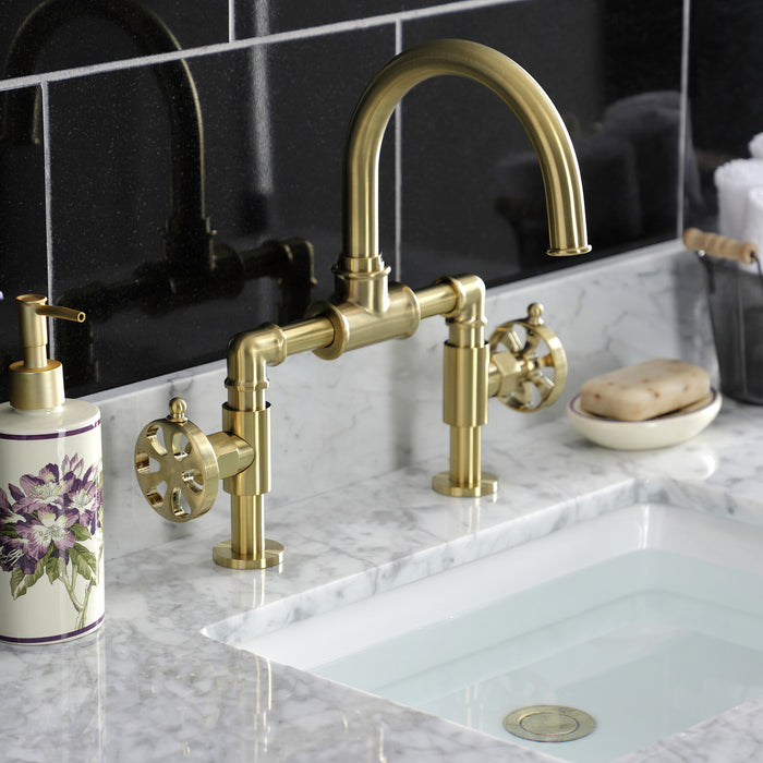 Belknap KS2177RX Two-Handle 2-Hole Deck Mount Bridge Bathroom Faucet with Pop-Up Drain, Brushed Brass