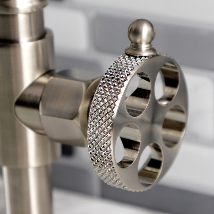 Kingston Sona KS2178RKX - Webb Two-Handle 2-Hole Deck Mount Bridge Bathroom Faucet with Knurled Handle and Push Pop-Up Drain, Brushed Nickel