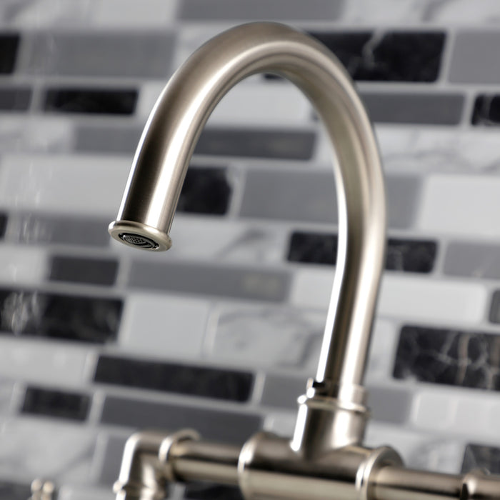 Kingston Sona KS2178RKX - Webb Two-Handle 2-Hole Deck Mount Bridge Bathroom Faucet with Knurled Handle and Push Pop-Up Drain, Brushed Nickel