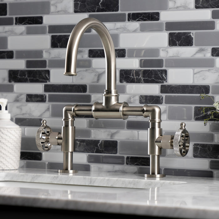 Kingston Sona KS2178RKX - Webb Two-Handle 2-Hole Deck Mount Bridge Bathroom Faucet with Knurled Handle and Push Pop-Up Drain, Brushed Nickel