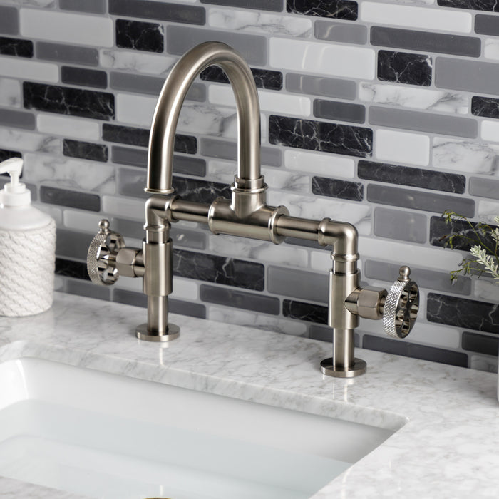 Kingston Sona KS2178RKX - Webb Two-Handle 2-Hole Deck Mount Bridge Bathroom Faucet with Knurled Handle and Push Pop-Up Drain, Brushed Nickel