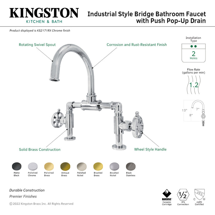 Belknap KS2178RX Two-Handle 2-Hole Deck Mount Bridge Bathroom Faucet with Pop-Up Drain, Brushed Nickel