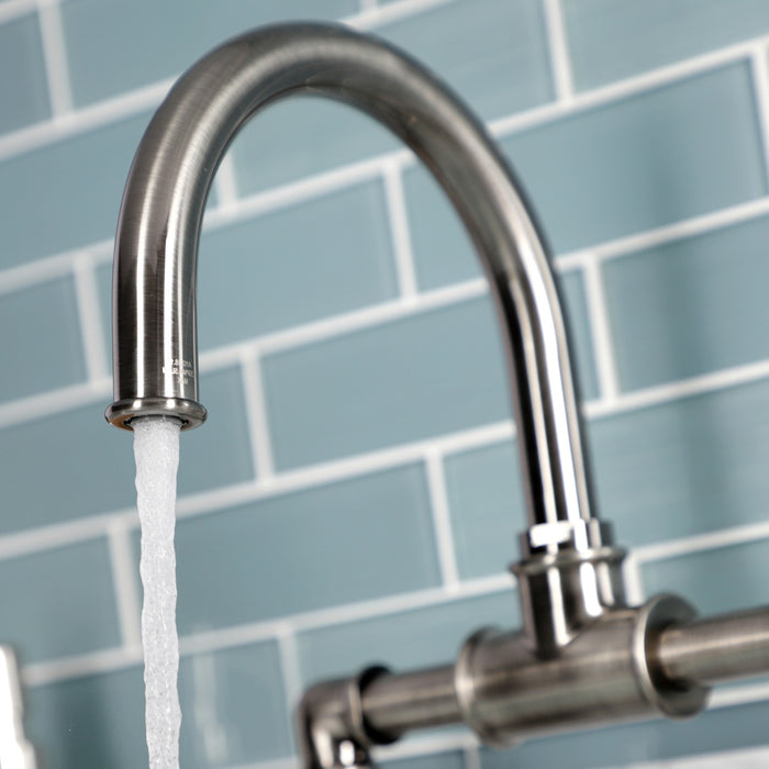 Kingston Sona KS217RXVN - Belknap Two-Handle 2-Hole Deck Mount Bridge Bathroom Faucet with Push Pop-Up Drain, Black Stainless