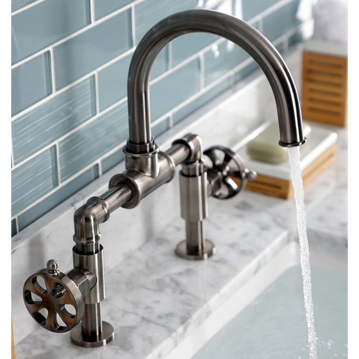 Kingston Sona KS217RXVN - Belknap Two-Handle 2-Hole Deck Mount Bridge Bathroom Faucet with Push Pop-Up Drain, Black Stainless