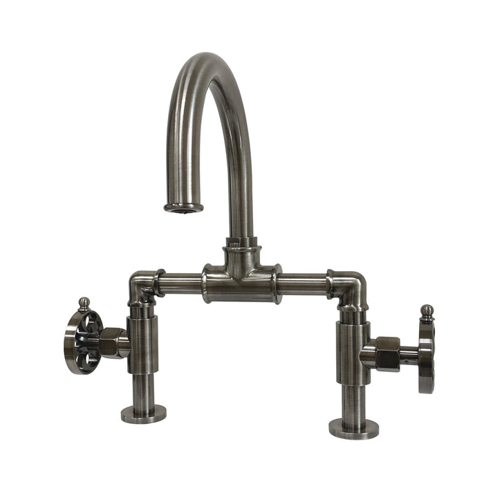 Kingston Sona KS217RXVN - Belknap Two-Handle 2-Hole Deck Mount Bridge Bathroom Faucet with Push Pop-Up Drain, Black Stainless