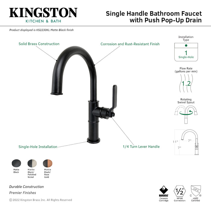 Whitaker KS2230KL Single-Handle 1-Hole Deck Mount Bathroom Faucet with Push Pop-Up, Matte Black