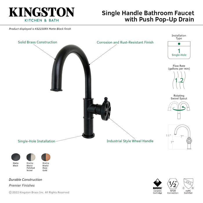 Belknap KS2236RX Single-Handle 1-Hole Deck Mount Bathroom Faucet with Push Pop-Up, Matte Black/Polished Nickel