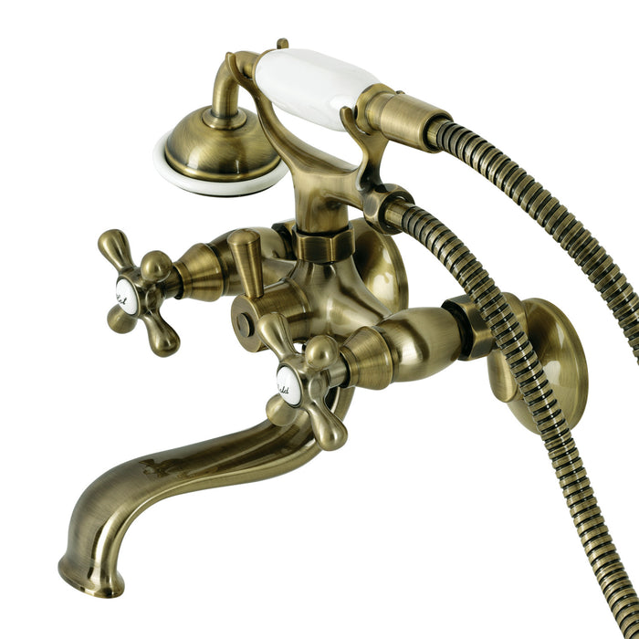 Kingston KS225AB Three-Handle 2-Hole Tub Wall Mount Clawfoot Tub Faucet with Handshower, Antique Brass