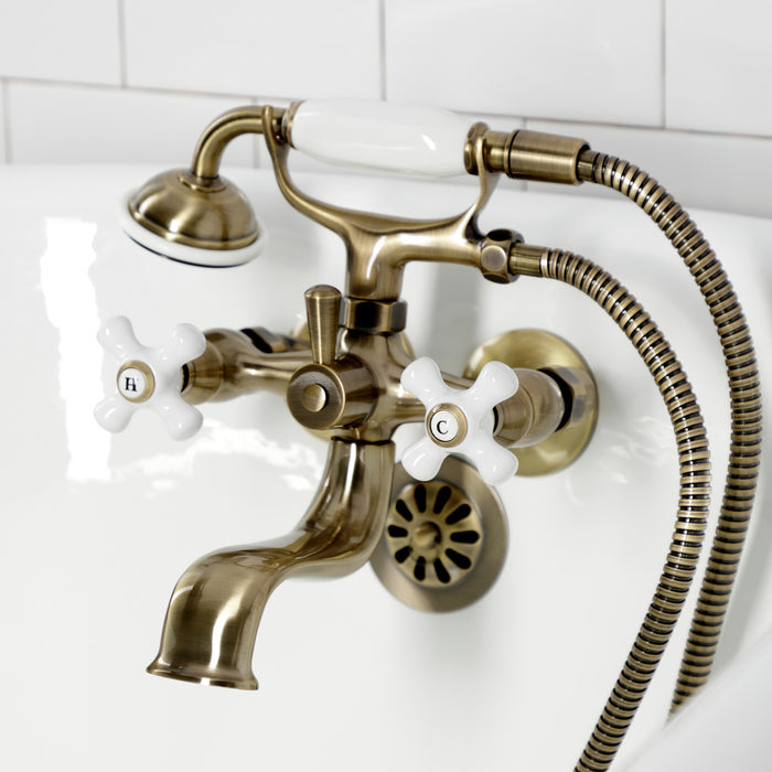 Kingston KS225PXAB Three-Handle 2-Hole Tub Wall Mount Clawfoot Tub Faucet with Hand Shower, Antique Brass
