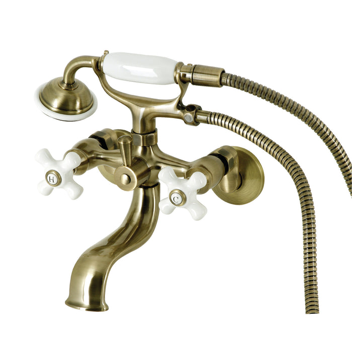 Kingston KS225PXAB Three-Handle 2-Hole Tub Wall Mount Clawfoot Tub Faucet with Hand Shower, Antique Brass