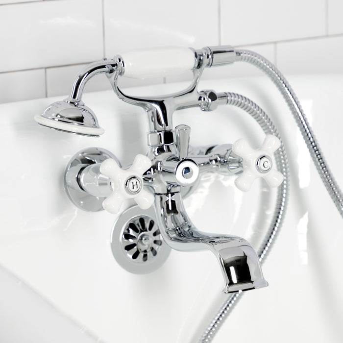 Kingston KS225PXC Three-Handle 2-Hole Tub Wall Mount Clawfoot Tub Faucet with Hand Shower, Polished Chrome