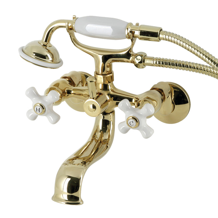 Kingston KS225PXPB Three-Handle 2-Hole Tub Wall Mount Clawfoot Tub Faucet with Hand Shower, Polished Brass