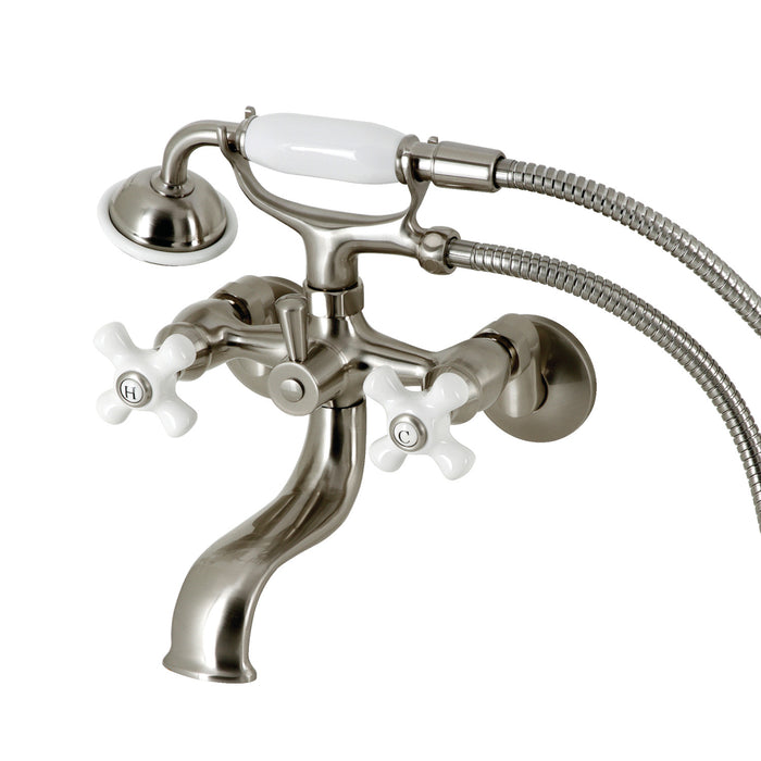 Kingston KS225PXSN Three-Handle 2-Hole Tub Wall Mount Clawfoot Tub Faucet with Hand Shower, Brushed Nickel
