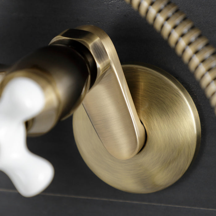 Kingston Heirloom KS226PXAB - Kingston Three-Handle 2-Hole Wall Mount Clawfoot Tub Faucet with Hand Shower, Antique Brass