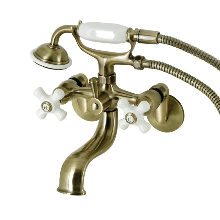 Kingston KS226PXAB Three-Handle 2-Hole Wall Mount Clawfoot Tub Faucet with Hand Shower, Antique Brass