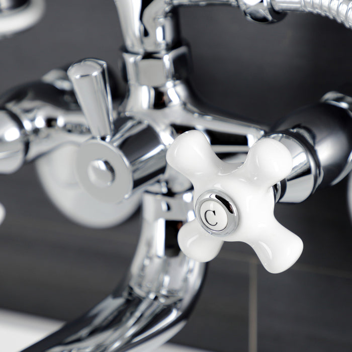 Kingston Heirloom KS226PXC - Kingston Three-Handle 2-Hole Wall Mount Clawfoot Tub Faucet with Hand Shower, Polished Chrome