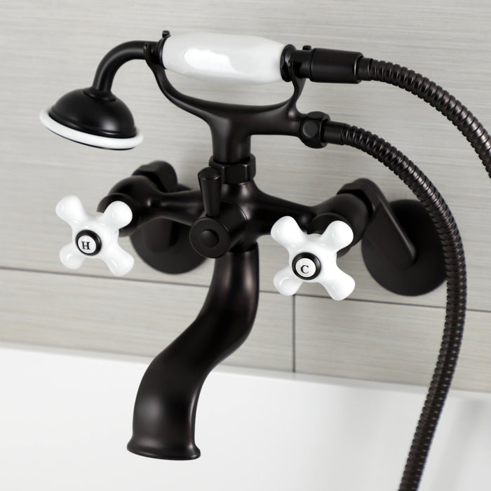 Kingston KS226PXORB Three-Handle 2-Hole Wall Mount Clawfoot Tub Faucet with Hand Shower, Oil Rubbed Bronze