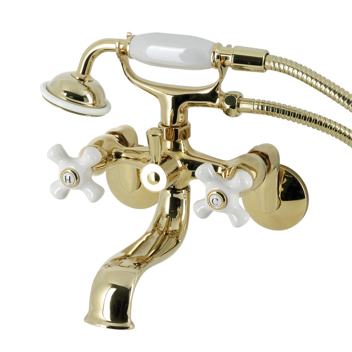 Kingston KS226PXPB Three-Handle 2-Hole Wall Mount Clawfoot Tub Faucet with Hand Shower, Polished Brass
