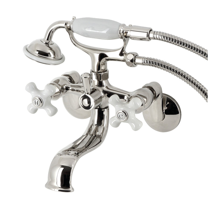 Kingston KS226PXPN Three-Handle 2-Hole Wall Mount Clawfoot Tub Faucet with Hand Shower, Polished Nickel