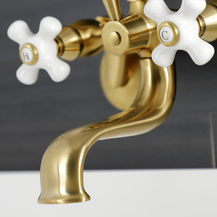 Kingston KS226PXSB Three-Handle 2-Hole Wall Mount Clawfoot Tub Faucet with Hand Shower, Brushed Brass