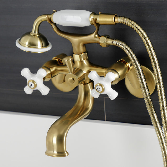 Kingston KS226PXSB Three-Handle 2-Hole Wall Mount Clawfoot Tub Faucet with Hand Shower, Brushed Brass