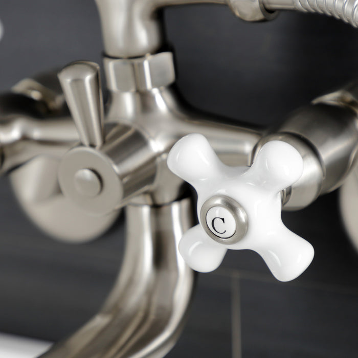 Kingston Heirloom KS226PXSN - Kingston Three-Handle 2-Hole Wall Mount Clawfoot Tub Faucet with Hand Shower, Brushed Nickel