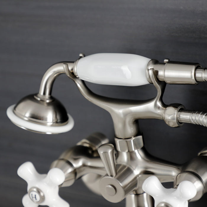 Kingston KS226PXSN Three-Handle 2-Hole Wall Mount Clawfoot Tub Faucet with Hand Shower, Brushed Nickel