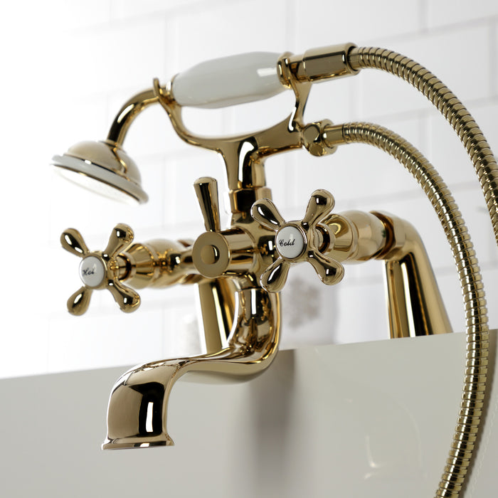 Kingston KS227PB Three-Handle 2-Hole Deck Mount Clawfoot Tub Faucet with Handshower, Polished Brass