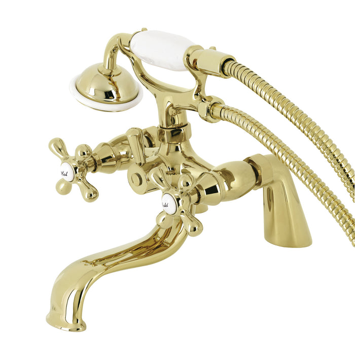 Kingston KS227PB Three-Handle 2-Hole Deck Mount Clawfoot Tub Faucet with Handshower, Polished Brass
