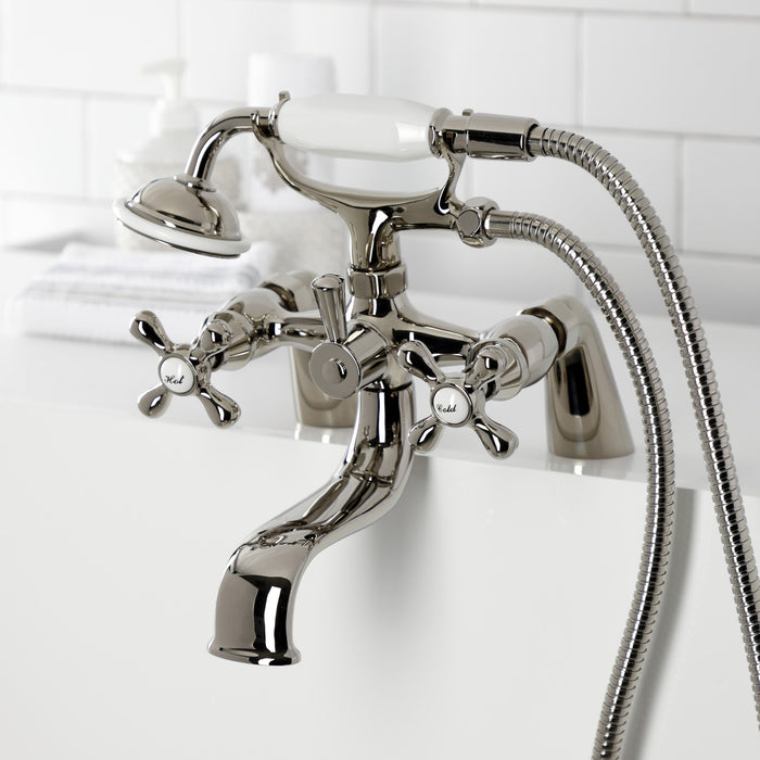 Kingston KS227PN Three-Handle 2-Hole Deck Mount Clawfoot Tub Faucet with Handshower, Polished Nickel