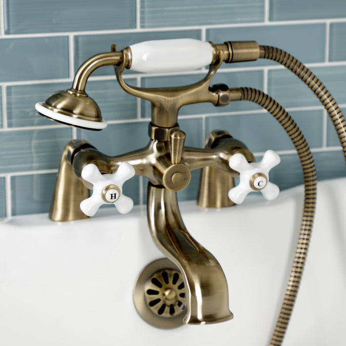 Kingston KS227PXAB Three-Handle 2-Hole Deck Mount Clawfoot Tub Faucet with Hand Shower, Antique Brass
