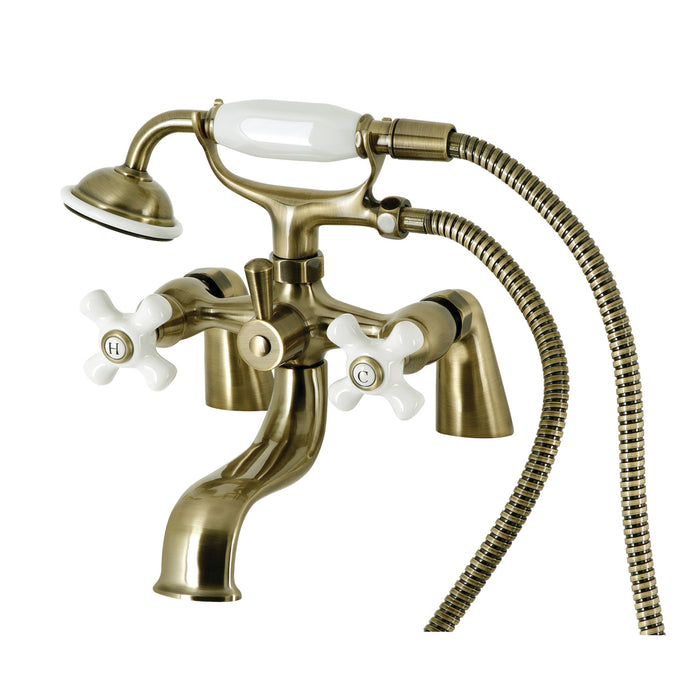 Kingston KS227PXAB Three-Handle 2-Hole Deck Mount Clawfoot Tub Faucet with Hand Shower, Antique Brass