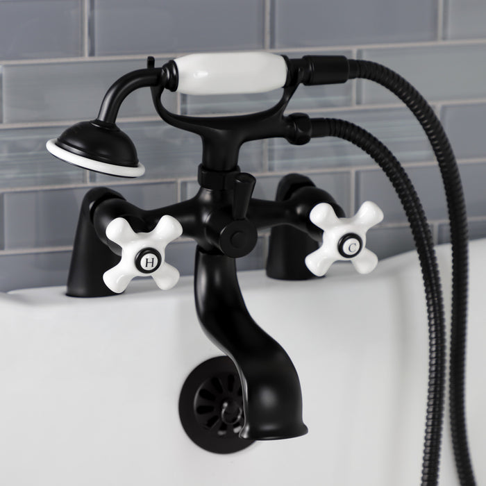 Kingston KS227PXMB Three-Handle 2-Hole Deck Mount Clawfoot Tub Faucet with Hand Shower, Matte Black