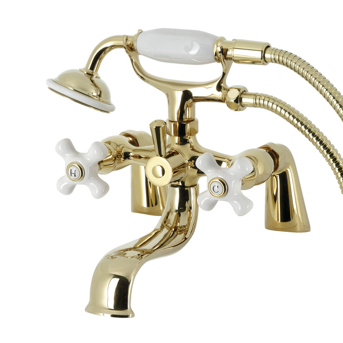 Kingston KS227PXPB Three-Handle 2-Hole Deck Mount Clawfoot Tub Faucet with Hand Shower, Polished Brass