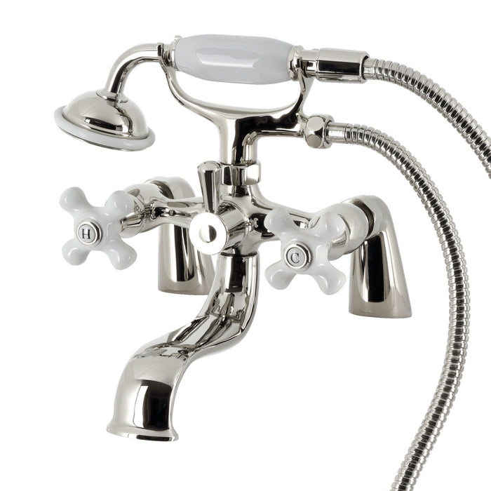 Kingston KS227PXPN Three-Handle 2-Hole Deck Mount Clawfoot Tub Faucet with Hand Shower, Polished Nickel
