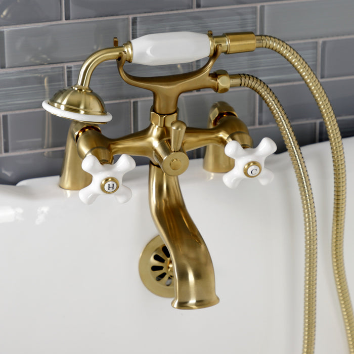 Kingston KS227PXSB Three-Handle 2-Hole Deck Mount Clawfoot Tub Faucet with Hand Shower, Brushed Brass