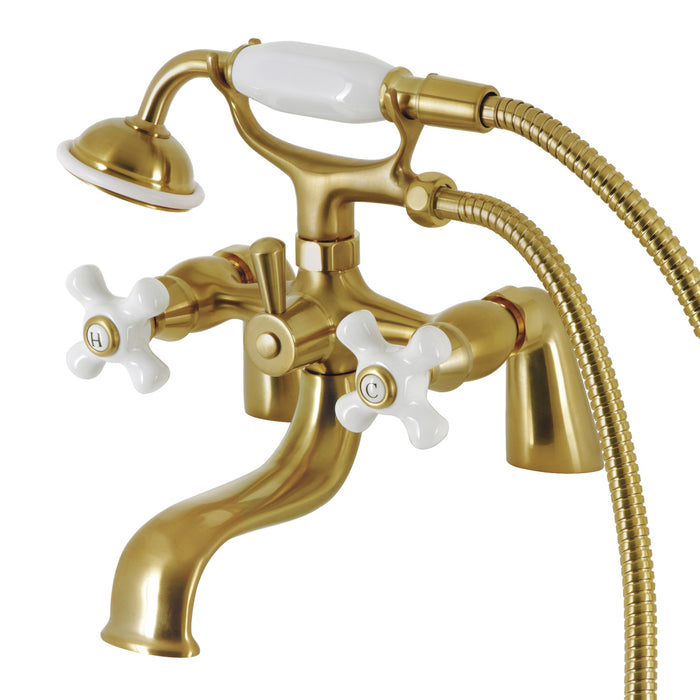 Kingston KS227PXSB Three-Handle 2-Hole Deck Mount Clawfoot Tub Faucet with Hand Shower, Brushed Brass