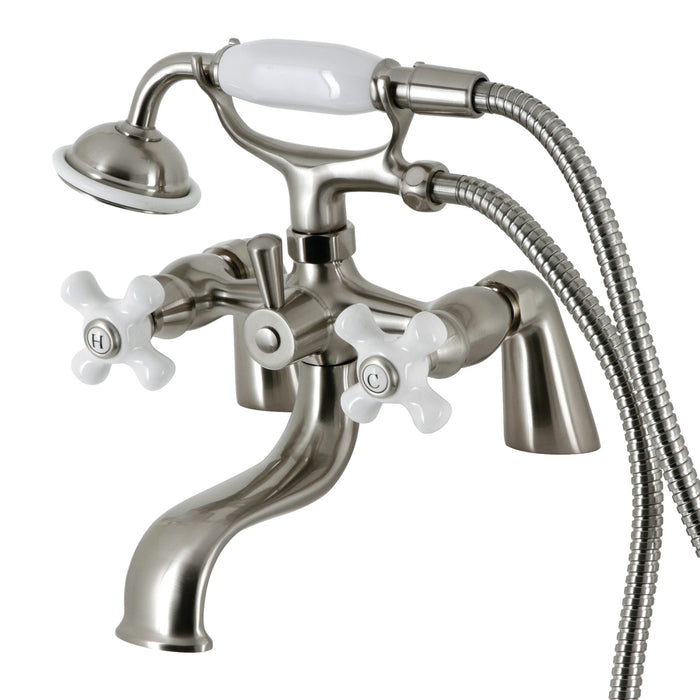 Kingston KS227PXSN Three-Handle 2-Hole Deck Mount Clawfoot Tub Faucet with Hand Shower, Brushed Nickel