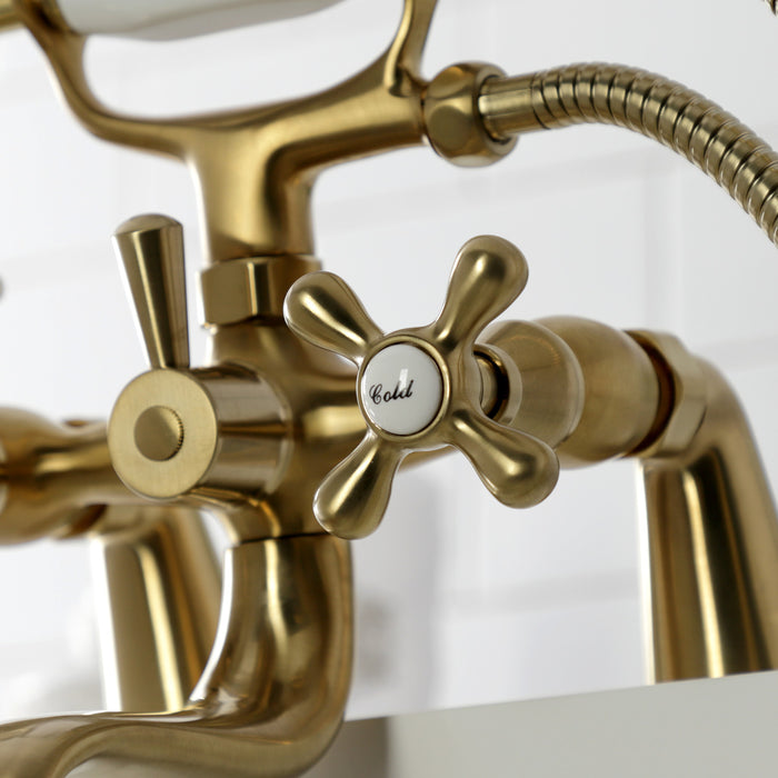 Kingston KS227SB Three-Handle 2-Hole Deck Mount Clawfoot Tub Faucet with Handshower, Brushed Brass