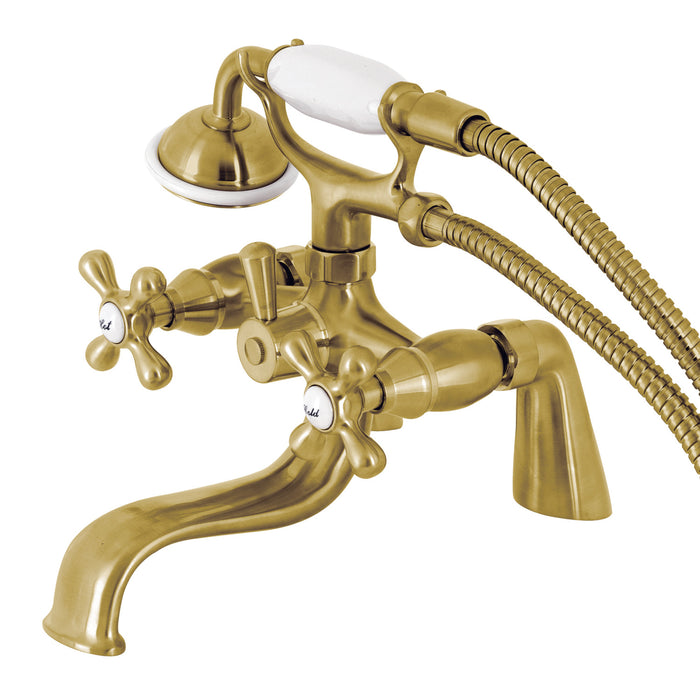 Kingston KS227SB Three-Handle 2-Hole Deck Mount Clawfoot Tub Faucet with Handshower, Brushed Brass