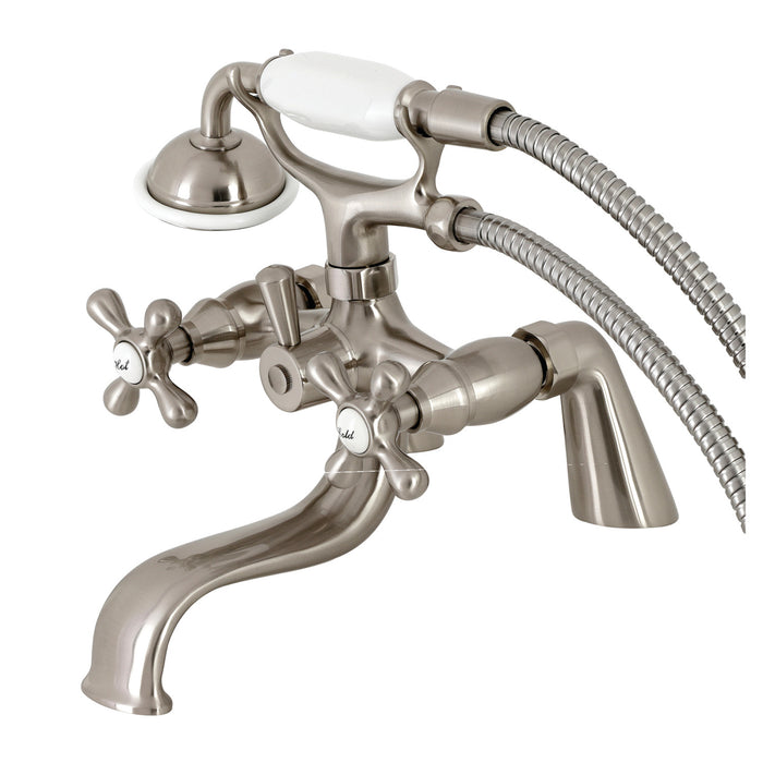 Kingston KS227SN Three-Handle 2-Hole Deck Mount Clawfoot Tub Faucet with Handshower, Brushed Nickel