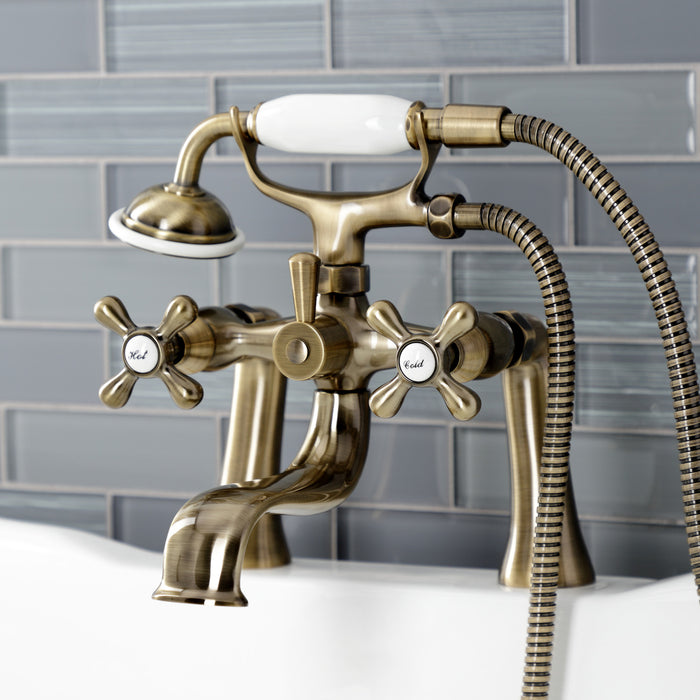 Kingston KS228AB Three-Handle 2-Hole Deck Mount Clawfoot Tub Faucet with Handshower, Antique Brass