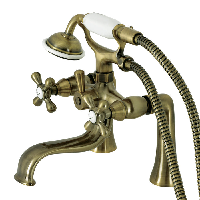 Kingston KS228AB Three-Handle 2-Hole Deck Mount Clawfoot Tub Faucet with Handshower, Antique Brass