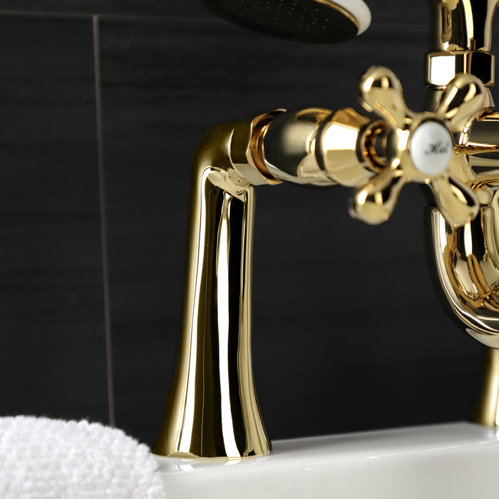 Kingston KS228PB Three-Handle 2-Hole Deck Mount Clawfoot Tub Faucet with Handshower, Polished Brass