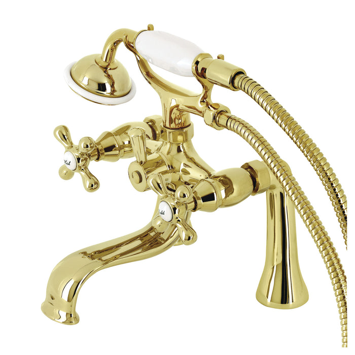 Kingston KS228PB Three-Handle 2-Hole Deck Mount Clawfoot Tub Faucet with Handshower, Polished Brass